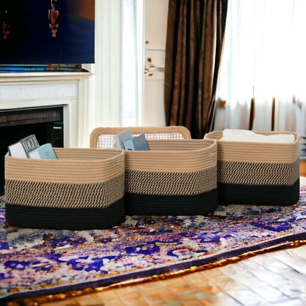 Storage Baskets for Organizing Woven Rope Basket for Book, Towels, Toy Storage Organizer Cube Storage Bins for Shelves, Closet, Nursery, Decorative Medium Baskets , Black