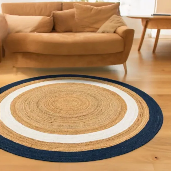 JUTE ROUND AREA RUG BLUE IN LIVING ROOM