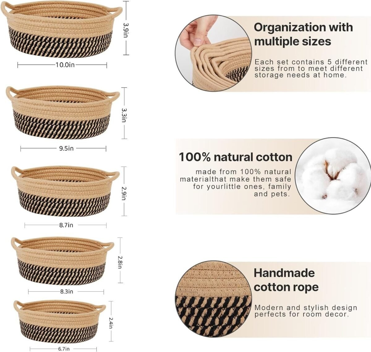 5 Pieces Storage Basket Sets Cotton Rope Woven Baskets for Organizing Small Round Basket Baby Nursery Bins | Fruit Baskets - Image 2