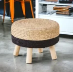 Pouf Ottoman, 17" Round Footstool with Wood Leg, Handmade Natural Water Hyacinth Outdoor Footrest, Sofa Side Table, Accent Vanity Chair for Bedroom (Natural Water Hyacinth & Black Corn Husk) - Image 4