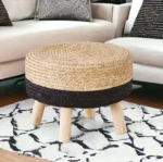 Pouf Ottoman, 17" Round Footstool with Wood Leg, Handmade Natural Water Hyacinth Outdoor Footrest, Sofa Side Table, Accent Vanity Chair for Bedroom (Natural Water Hyacinth & Black Corn Husk) - Image 3