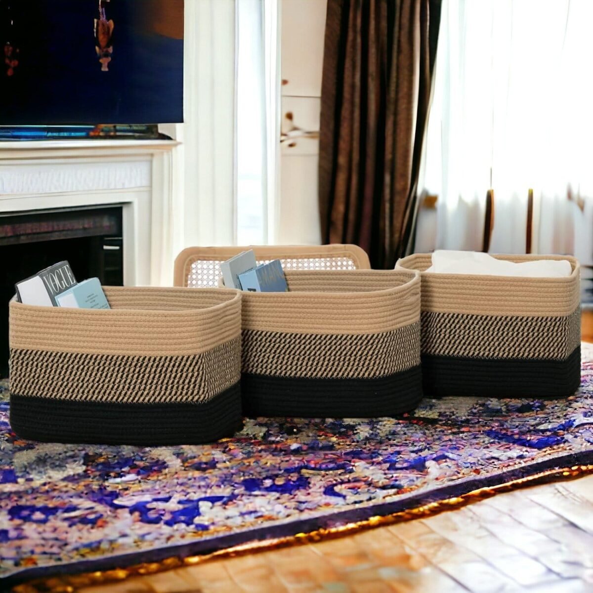 Storage Basket for Organizing Woven Rope Basket for Book, Towels, Toy Storage Organizer Cube Storage Bins for Shelves, Closet, Nursery, Decorative Medium Baskets, Black - Image 6