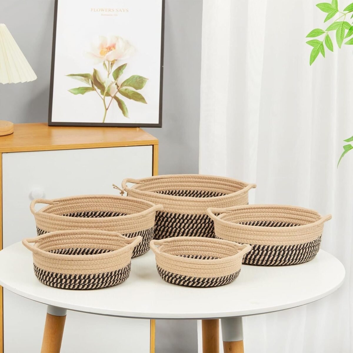 5 Pieces Storage Basket Sets Cotton Rope Woven Baskets for Organizing Small Round Basket Baby Nursery Bins | Fruit Baskets - Image 1
