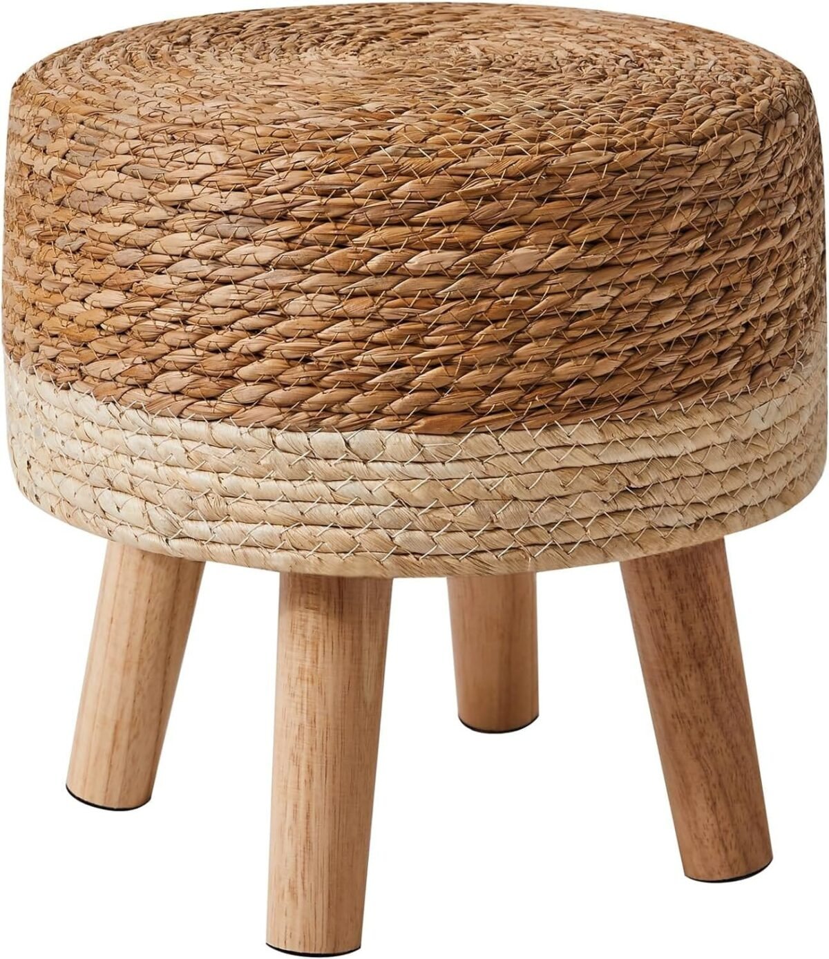 Jute Seagrass Stool White Stripes | 12.6" Small Ottoman, Round Footrest for Living Room, Bedroom, Entryway, Change Shoes Stool, Non-Skid Wood Legs, Boho, Natural+White - Image 1