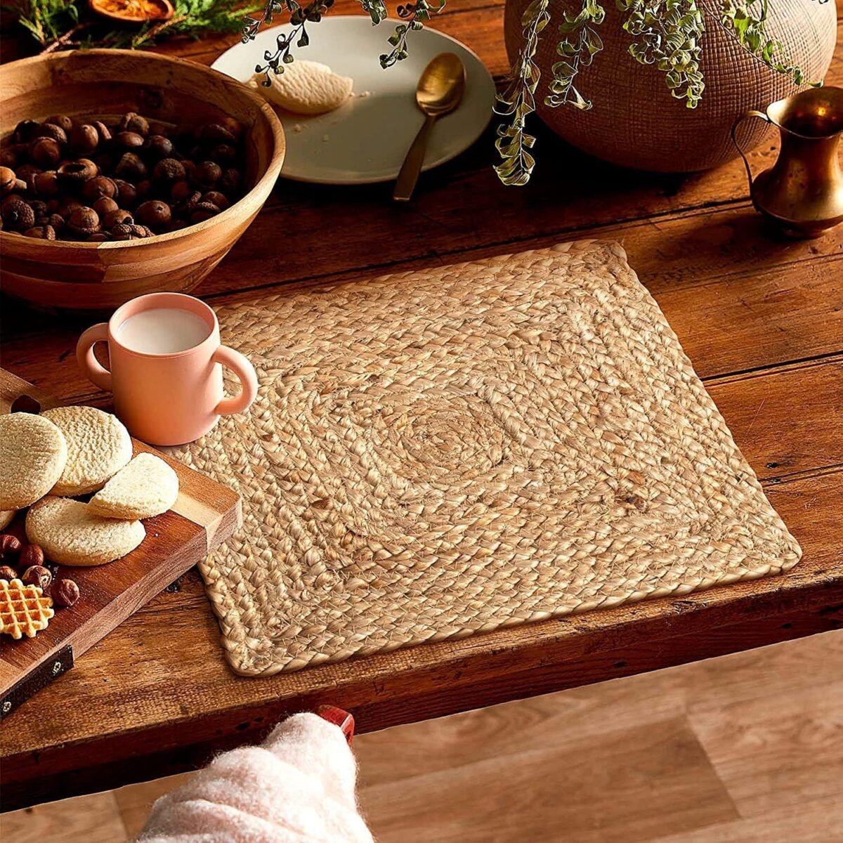 Braided Jute Square Placemats for Bed-Side Table, Center Table, Dining Table Mat 35 Cm Natural/Beige Set of 4 - Image 1