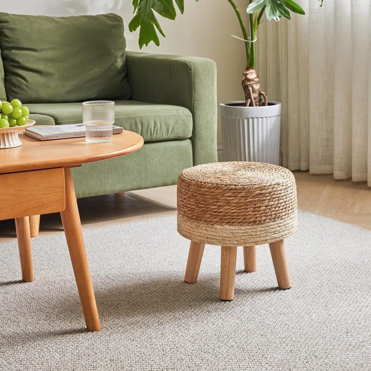 Jute Seagrass Stool White Stripes | 12.6" Small Ottoman, Round Footrest for Living Room, Bedroom, Entryway, Change Shoes Stool, Non-Skid Wood Legs, Boho, Natural+White - Image 5