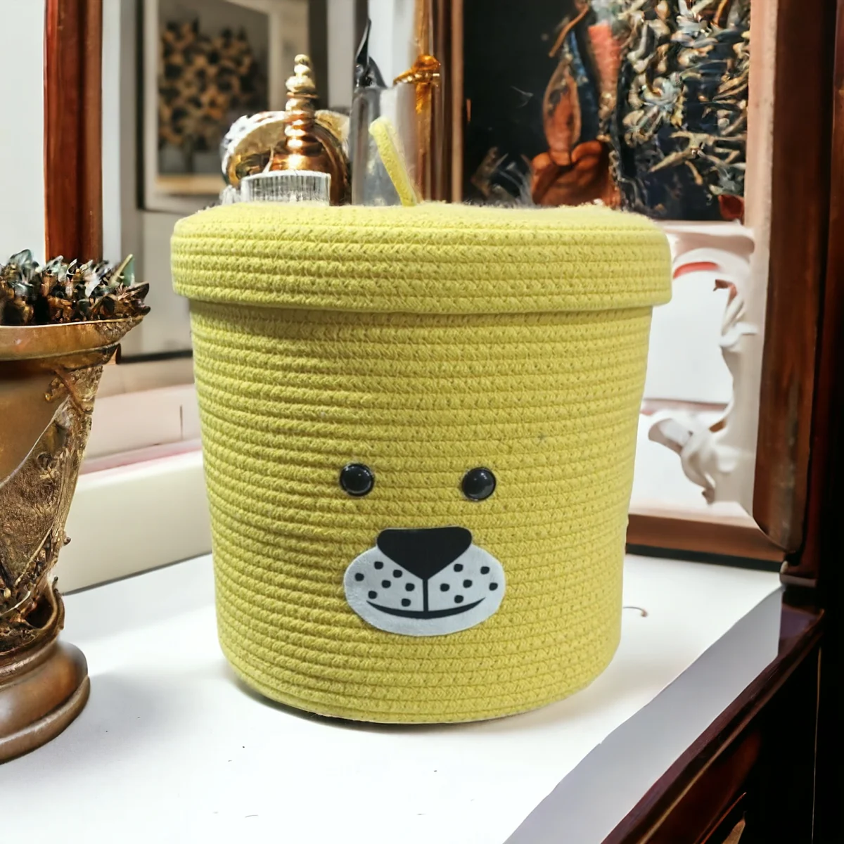 Cute Storage Baskets For Kids | Storage Solution For Kids Room | Yellow Storage Baskets with Lid| Animal Faces Storage - Image 1