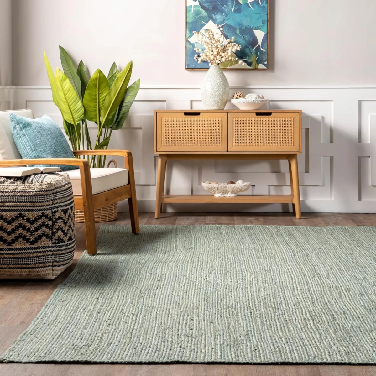Jute Area Rug For Living Room| Green colour Rug | Eco Friendly Farmhouse Floor Rugs - Image 1