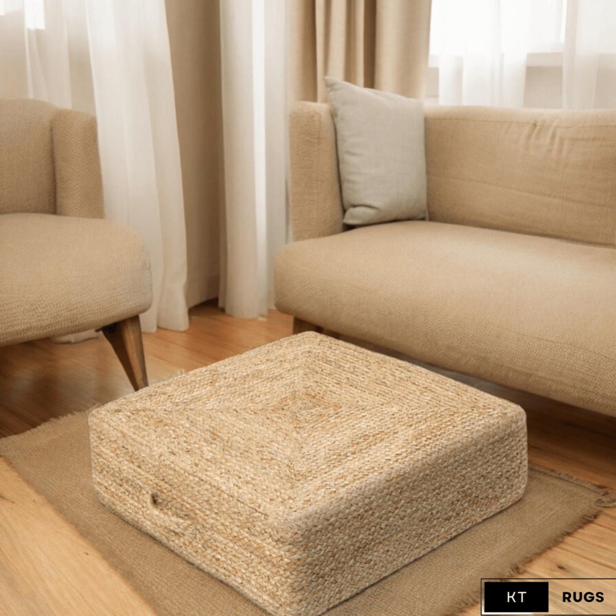 Jute Floor Cushion | Boho Rustic Hard Filled Cushion - Image 1