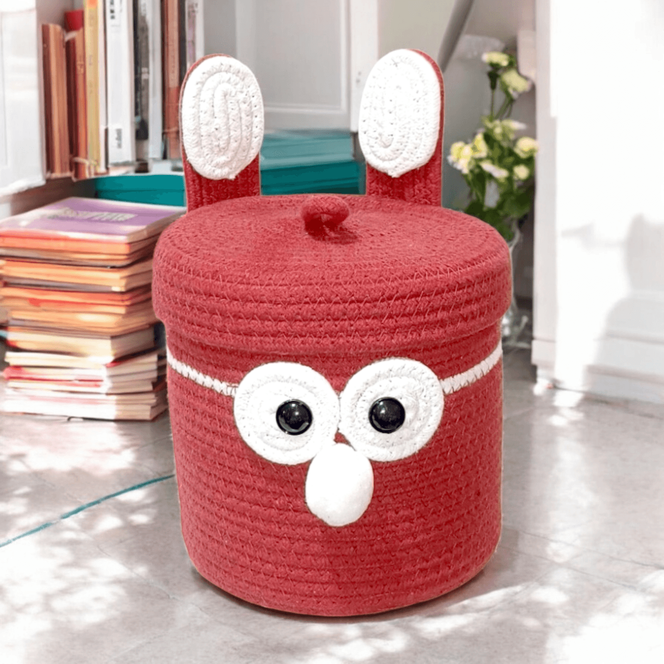 Handmade Bunny Cotton Rope Storage Basket – Neon & Red | 7x7 Inch | Eco-Friendly Organizer – Mr. Bunny - Image 4