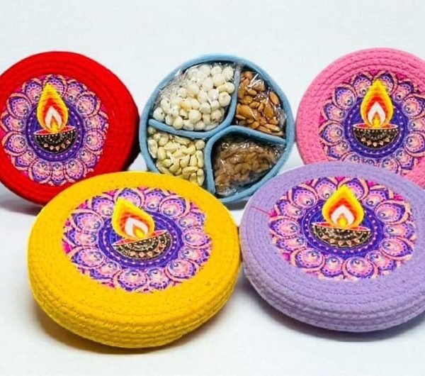 set of 5 empty Diwali gift hamper in red, yellow, pink, aqua, and purple.