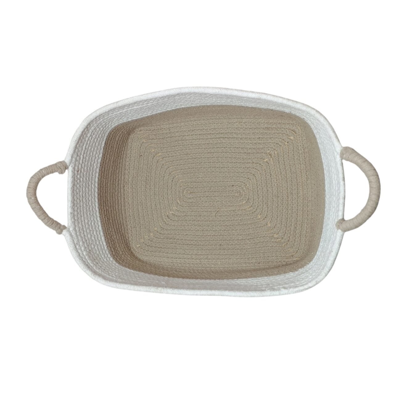 Hand-braided natural cotton rope shelf basket with decorative tassels, filled with folded blankets and plants, styled on a rustic wooden shelf for boho-chic home organization