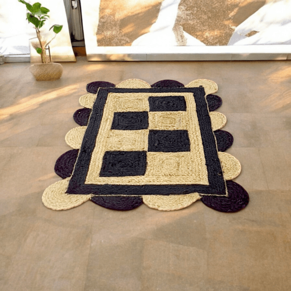 Handwoven scalloped jute rug with natural beige tones, showcasing wavy edges and textured fibers in a coastal-themed living room