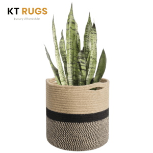 EcoChic Jute Planter in beige and black geometric design, showcasing a rustic jute organizer holding small potted plants and rolled magazines on a wooden shelf, blending sustainability with modern home decor