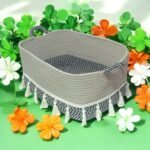 Handwoven Cotton Rope Storage Basket – Multipurpose Organizer for Kids’ Toys, Shelves, Bathroom & Laundry (33x20x22 cm, Beige/Black with Tassels - Image 4