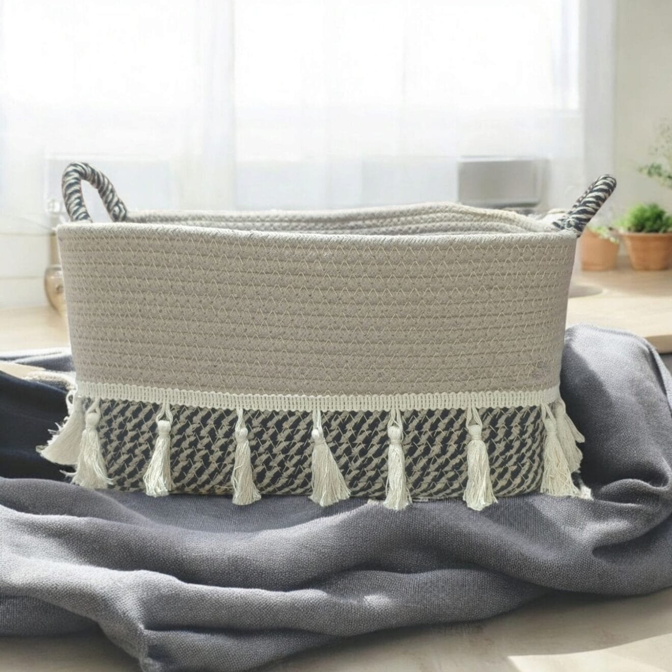 Handwoven Cotton Rope Storage Basket – Multipurpose Organizer for Kids’ Toys, Shelves, Bathroom & Laundry (33x20x22 cm, Beige/Black with Tassels - Image 1