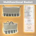 Handwoven Cotton Rope Storage Basket – Multipurpose Organizer for Kids’ Toys, Shelves, Bathroom & Laundry (33x20x22 cm, Beige/Black with Tassels - Image 3