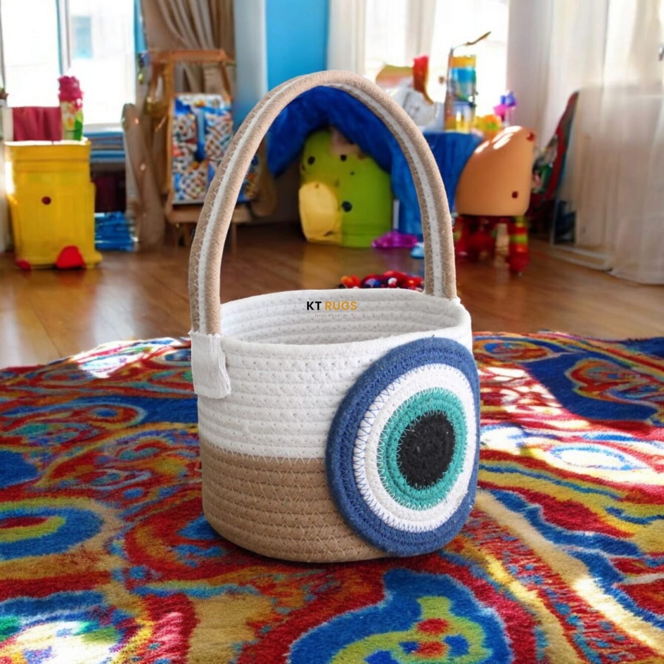 Cotton Rope Basket with Evil Eye Design, 18x15 Cm, White and Blue, Handmade Organizer for Toys and Gift Hampers