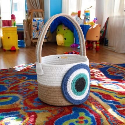 Cotton Rope Basket with Evil Eye Design, 18x15 Cm, White and Blue, Handmade Organizer for Toys and Gift Hampers