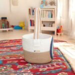 Cotton Rope Basket with Evil Eye Design, 18x15 Cm, White and Blue, Handmade Organizer for Toys and Gift Hampers