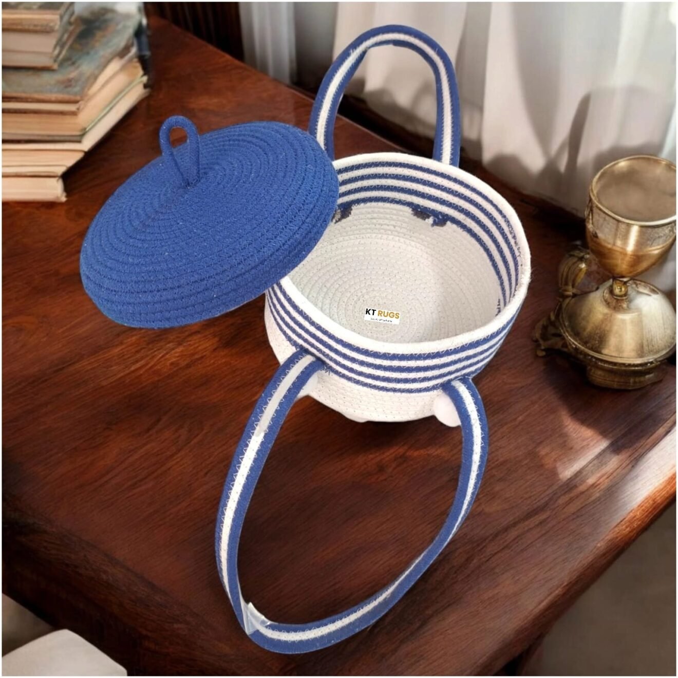 Nautical Stripe Multi-Purpose Storage Basket with Pom-Pom Handles – Coastal Home Organization - Image 1