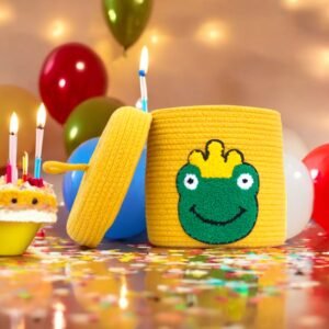 Yellow frog storage organizer basket with embroidered patch - 20x20cm - 100% recycled material
