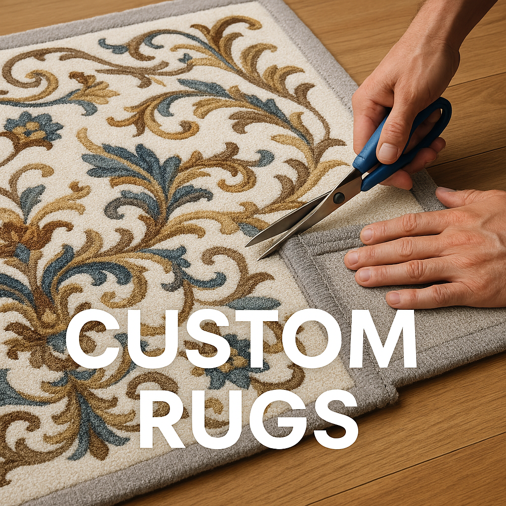 Alt text: “Thumbnail showing three custom rugs laid side by side—one with a blue geometric pattern, one with a red floral motif, and one with a beige tribal design—with the words ‘Custom Rugs’ centered in an elegant serif font