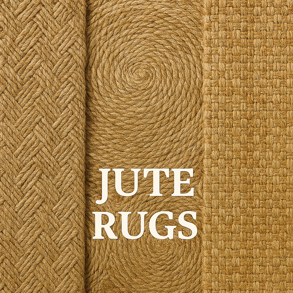 “Thumbnail showing three jute rugs side by side—a braided round rug on the left, a diamond-patterned rectangular rug in the center, and a fringed circular rug on the right—set against a soft sand-colored background with the words ‘Jute Rugs’ in a warm serif font