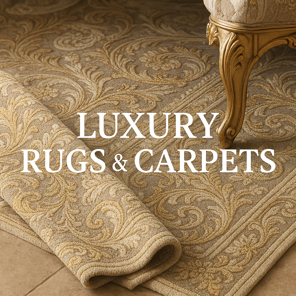 High-end geometric-patterned area rug in cream and gold tones laid on a marble floor, illuminated by soft natural light that highlights its plush, intricate texture.