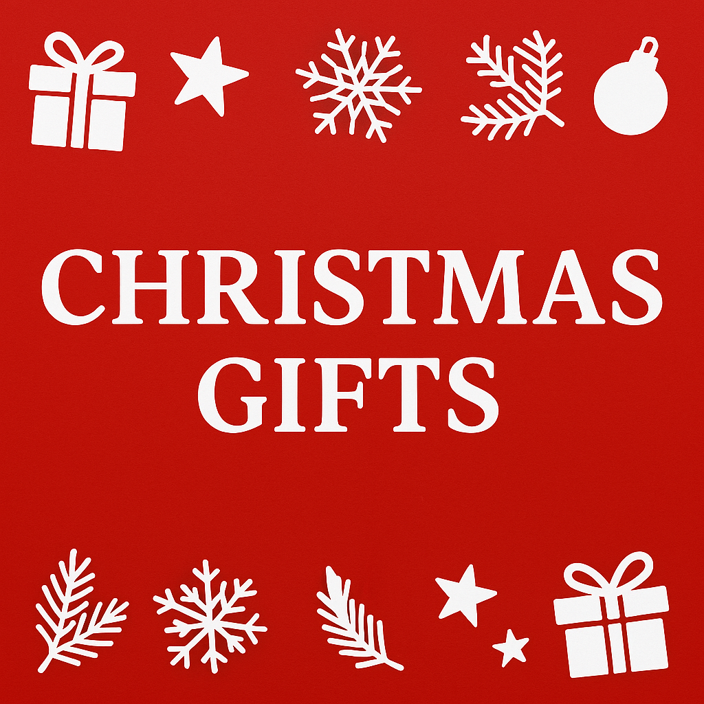 Thumbnail image showing a festive arrangement of red, green, and gold wrapped Christmas presents with decorative ribbons, pine sprigs, and ornaments on a snowy red background.