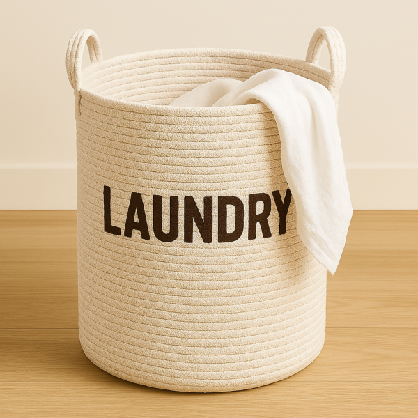 Off-white cotton rope laundry basket with bold “LAUNDRY” text, featuring looped handles and a white towel draped over the edge, placed on a light wooden floor against a beige wall.