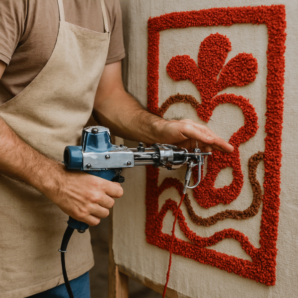 Craftsman using a tufting gun to create a red and brown floral design on off-white fabric stretched on a wooden frame.