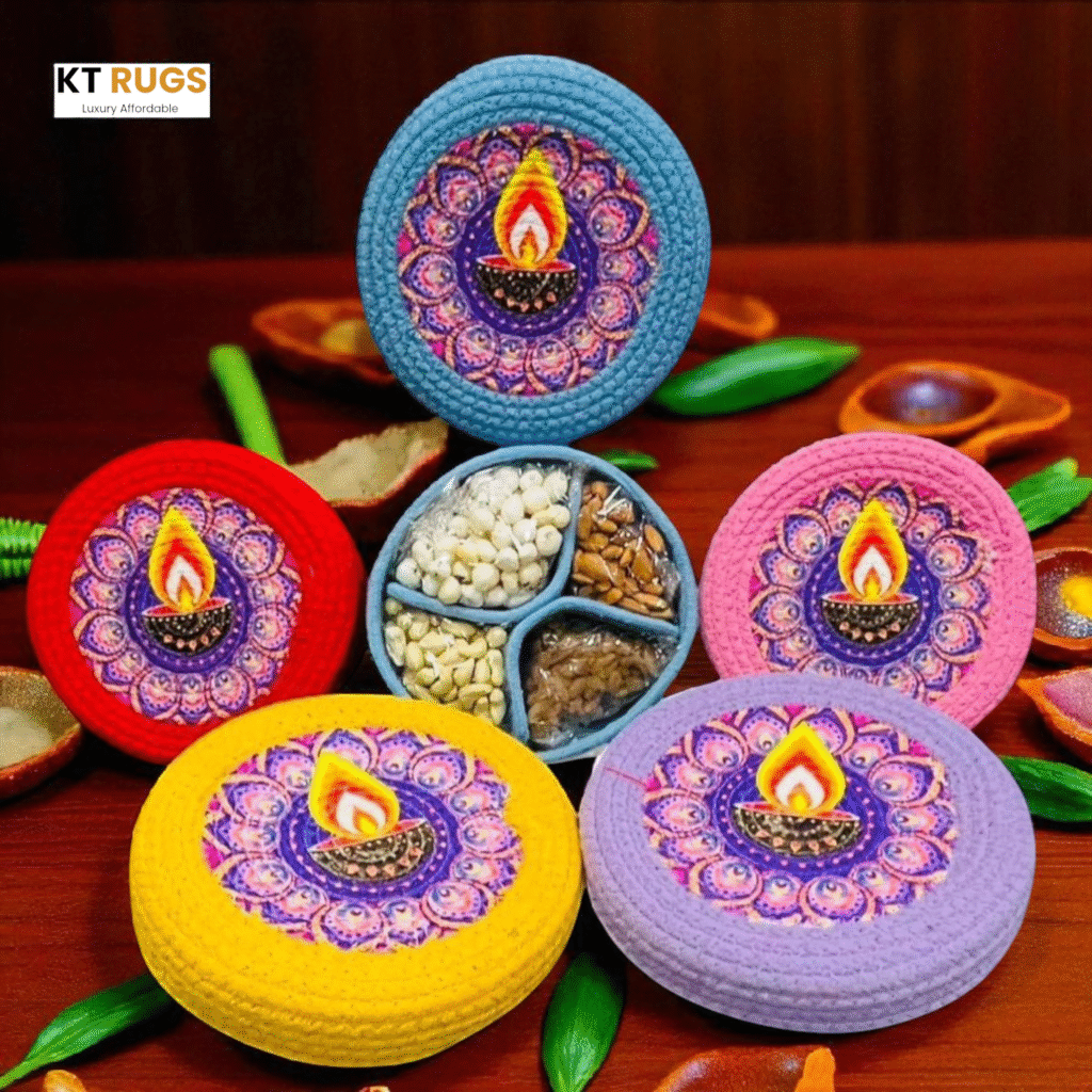 Pack of 5 eco-friendly Diwali dry fruit tray boxes in red, yellow, pink, aqua, and purple—made from 100% recycled cotton, 8x8 inches, ideal for customized sweet hampers Perfect for gifting, retail, or DIY hamper kits