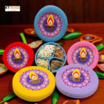 Pack of 5 eco-friendly Diwali dry fruit tray boxes in red, yellow, pink, aqua, and purple—made from 100% recycled cotton, 8x8 inches, ideal for customized sweet hampers Perfect for gifting, retail, or DIY hamper kits. Best For Eco-friendly diwali gifts 2025