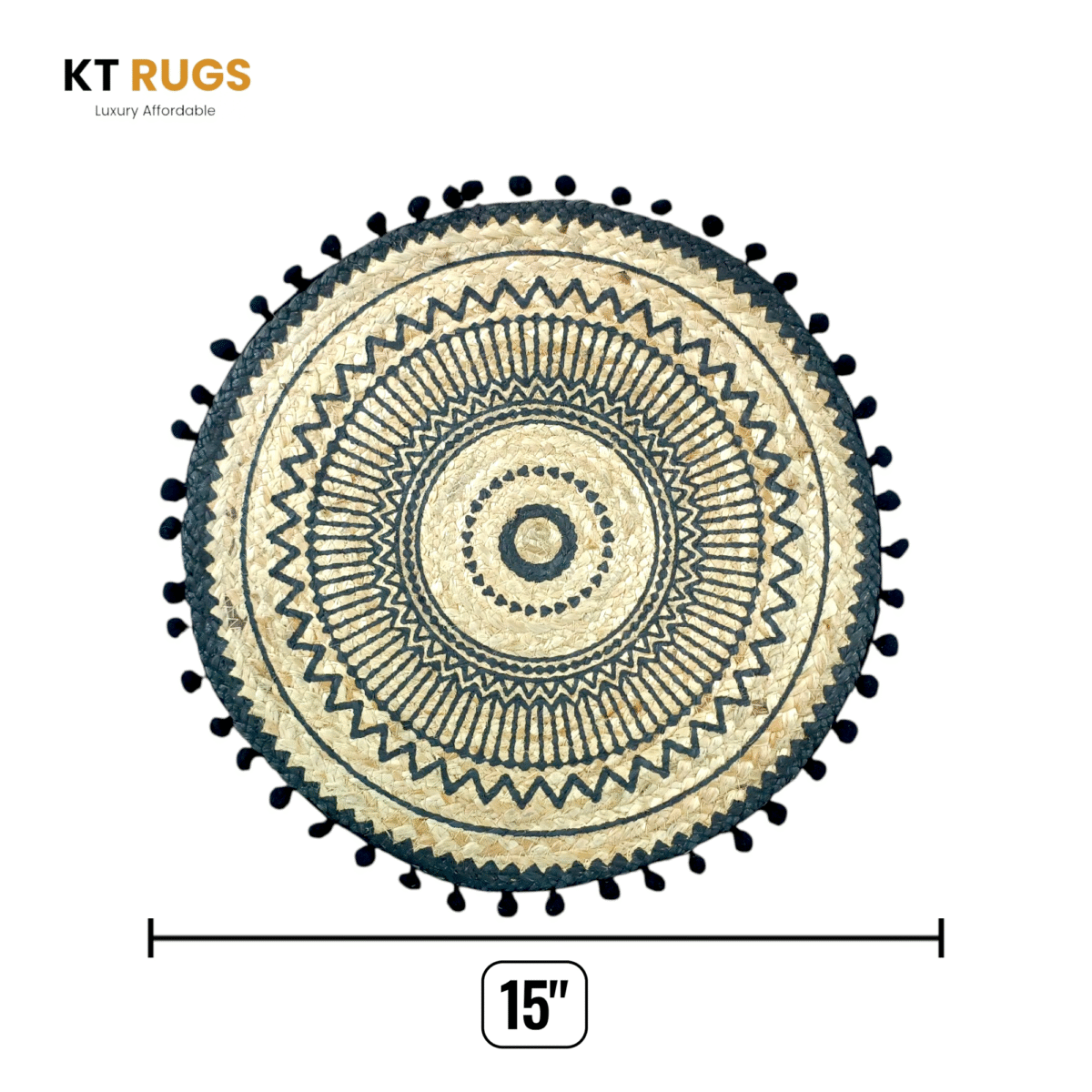 KT Rugs 15" Round Jute Placemat with Teasels – Handwoven Table Mat for Dining & Decor | Natural Beige with Black Accents | Eco-Friendly & Stylish - Image 2