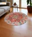 KT RUGS printed round area rug featuring a vintage boho medallion pattern in rust orange and beige, placed on a wooden floor in a living room setting.