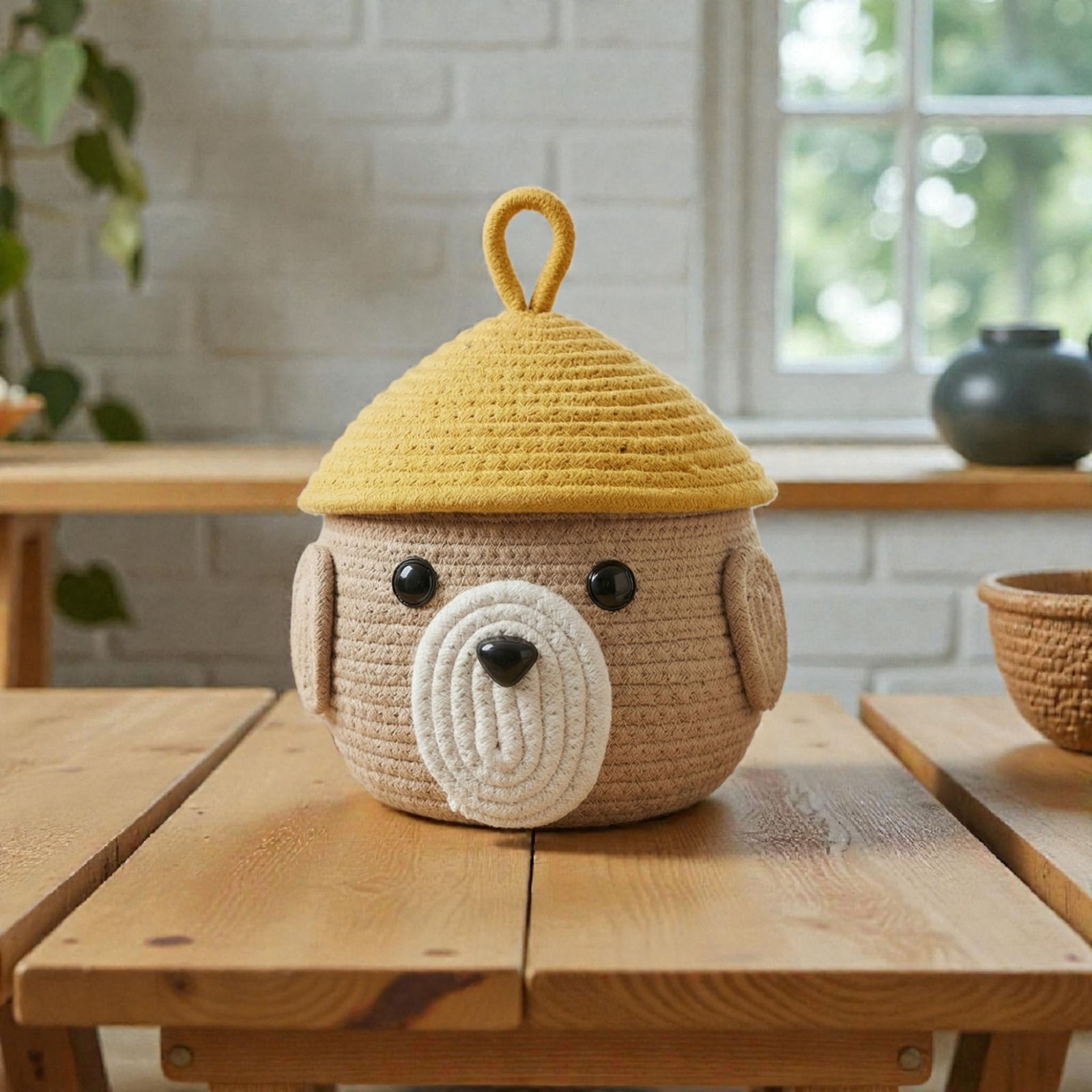 Teddy bear basket yellow cap A teddy bear jute basket on table. Handmade Cute Matka Storage Basket with Lid