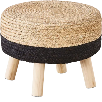 Pouf Ottoman, 17" Round Footstool with Wood Leg, Handmade Natural Water Hyacinth Outdoor Footrest, Sofa Side Table, Accent Vanity Chair for Bedroom (Natural Water Hyacinth & Black Corn Husk)