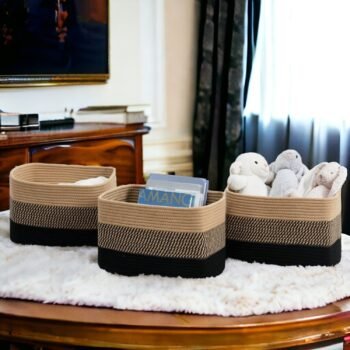 Storage Basket for Organizing Woven Rope Basket for Book, Towels, Toy Storage Organizer Cube Storage Bins for Shelves, Closet, Nursery, Decorative Medium Baskets, Black