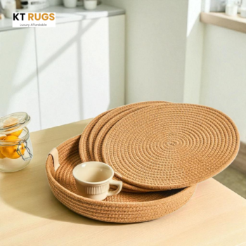 Braided Jute Placemats – Set of 6 (15" / 38 cm) – Beige Boho Table Mats with Holder