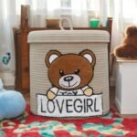 Teddy Bear Design – Nursery Hamper with Lid, Lovegirl Embroidery, Beige (10x10” / 25x25 cm)