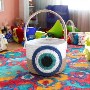 Handmade Cotton Rope Basket with Evil Eye Design – 7x6 Inches, White & Blue – Eco-Friendly Organizer for Toys, Gift Hampers