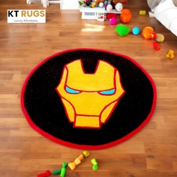 Iron Man Round Area Rug, Black and Red Superhero Design, Kids Room Decor