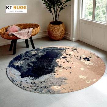 KT Rugs Luxury Affordable Round Rug – 90 cm (3 ft) – Premium Polypropylene Material – Abstract Splash Design in Blue, Beige & Grey – Modern Living Room, Bedroom & Office Decor